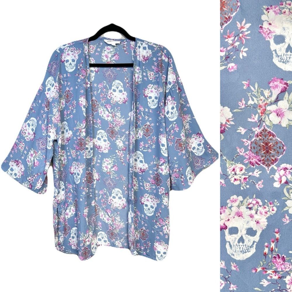 Floral Skulls Light Blue Print Chiffon Kimono Style Open Cardigan L Whimsigoth